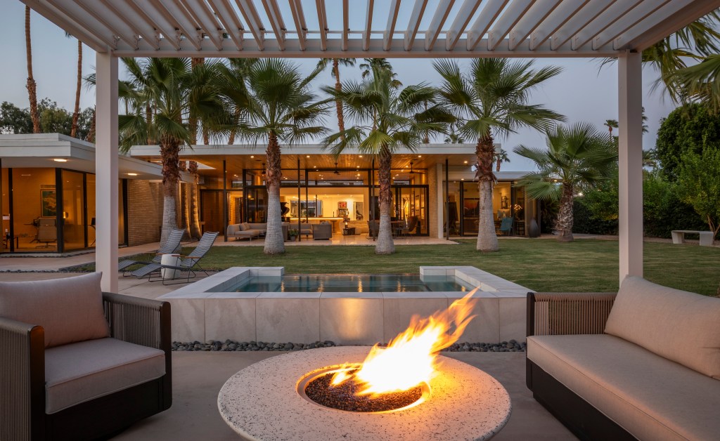 Fire pit and spa with landscaping