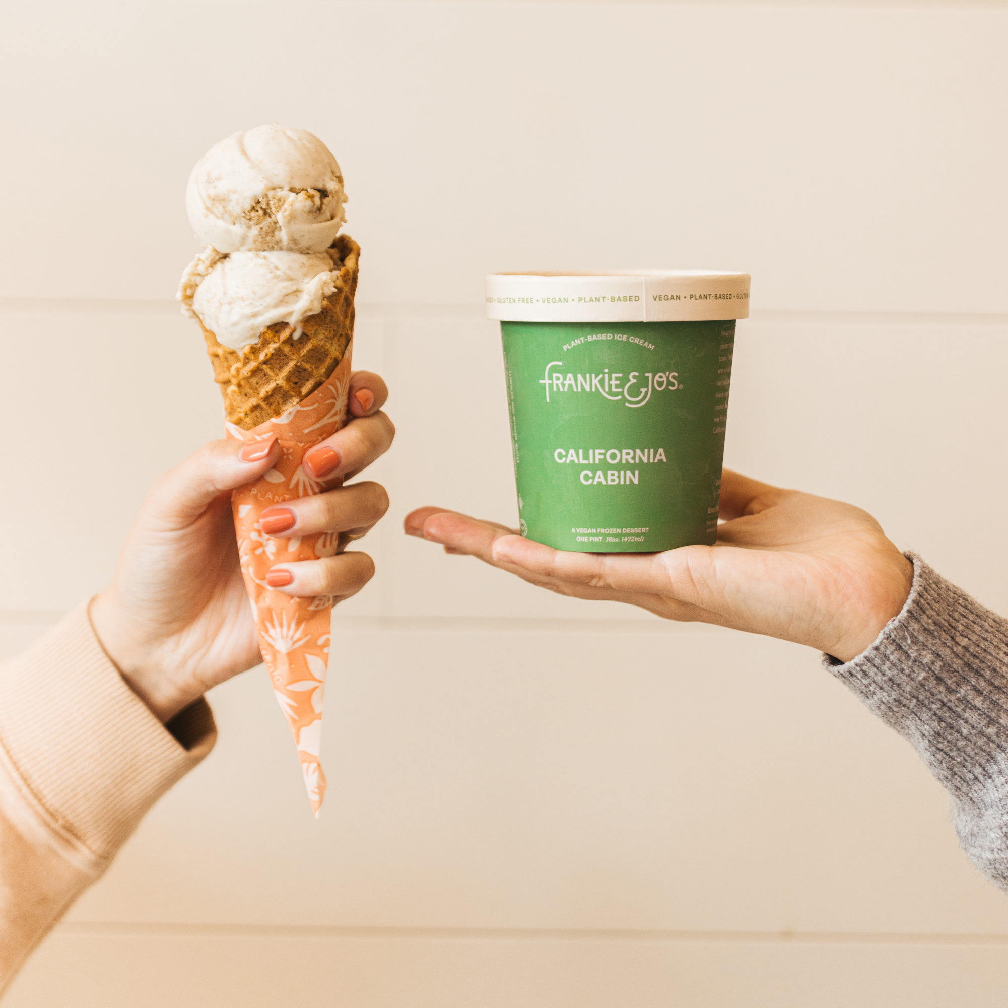 Ice cream cone and pint from Frankie & Jo's
