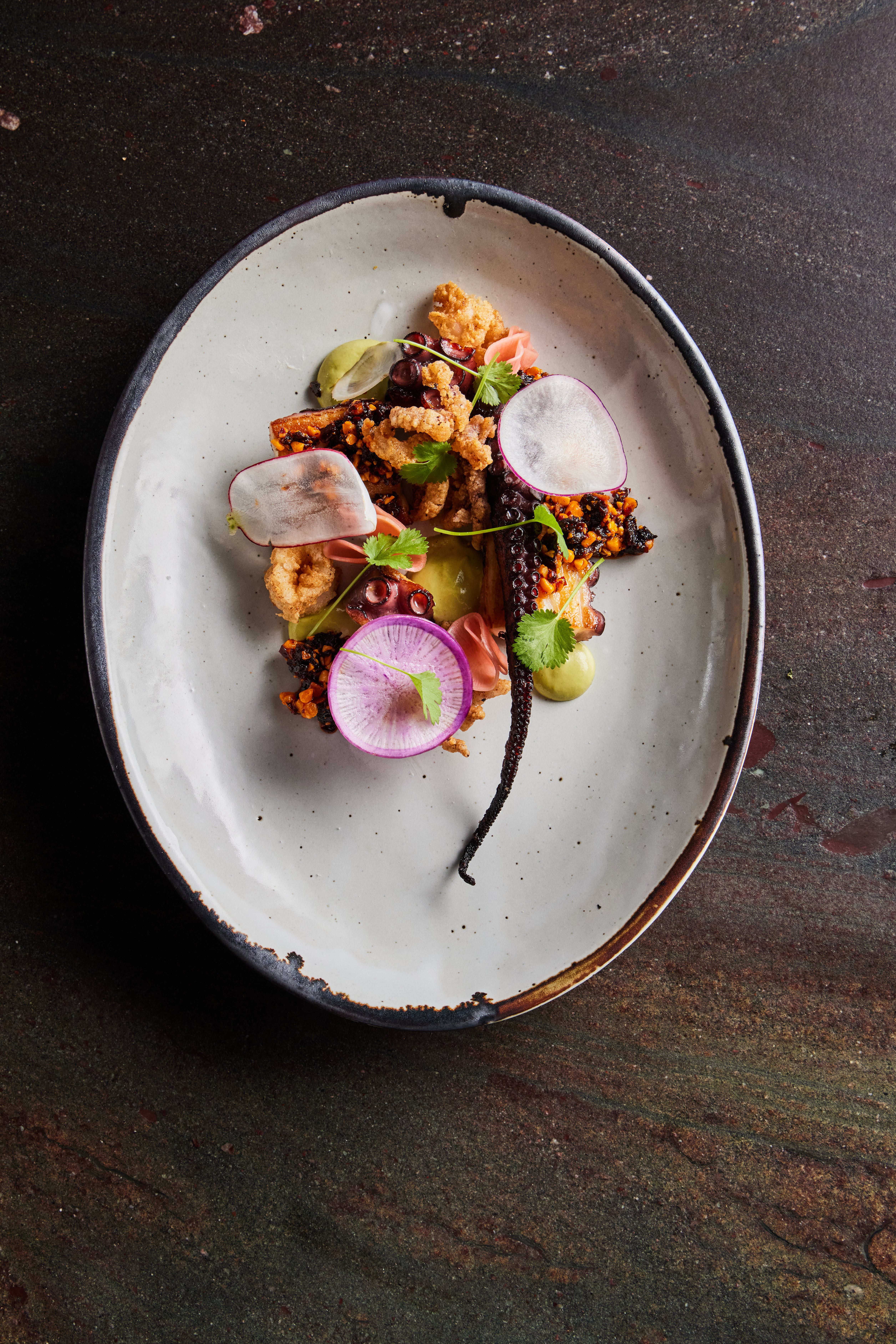 seared-spanish-octopus-crispy-calamari-salsa-macha-poblano-cream-pickled-watermelon-radish
