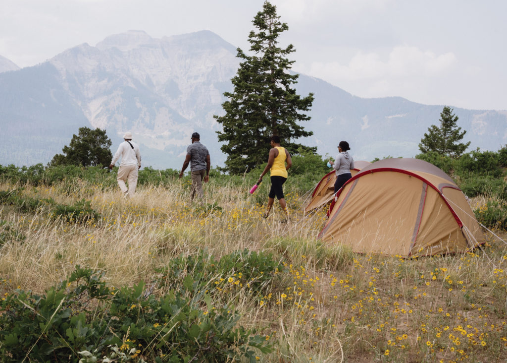 Tent camp setup in meadow