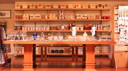glassware cups and stationary on display inside frank lloyd wright store at taliesin west