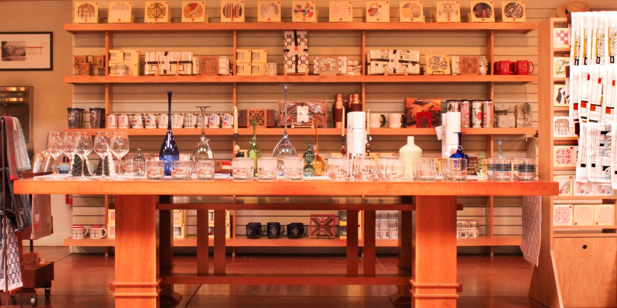 glassware cups and stationary on display inside frank lloyd wright store at taliesin west