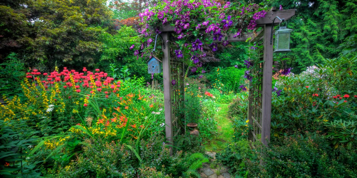Northwest garden with a variety of luscious plants and a wooden arch with lanterns and a bird feeder.