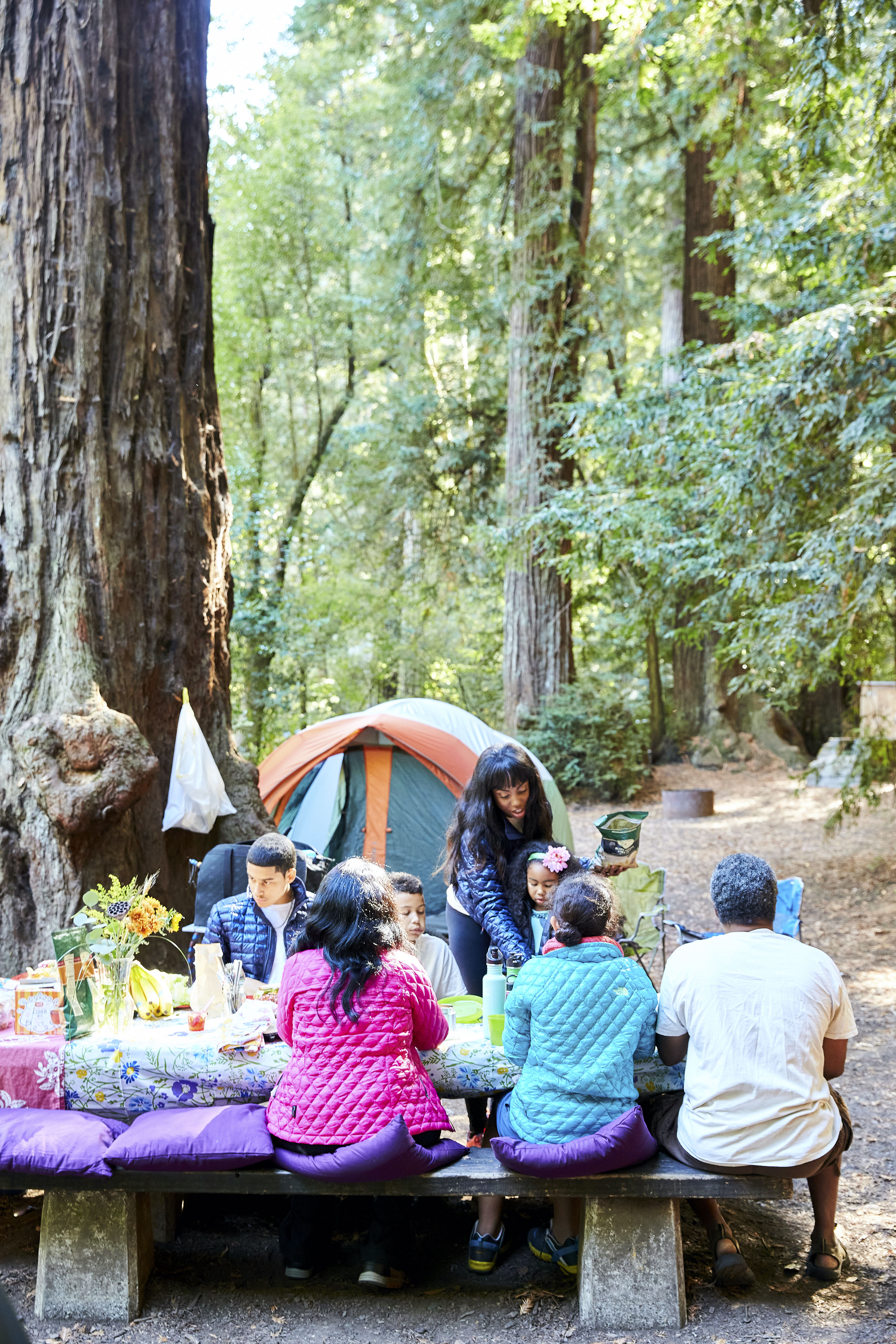 Rue Mapp of Outdoor Afro leads a group in the redwoods