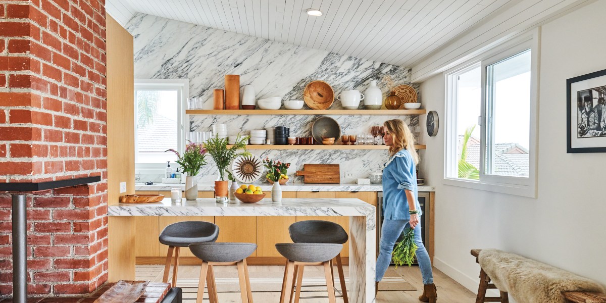 Tess Sanchez walking in her kitchen in California