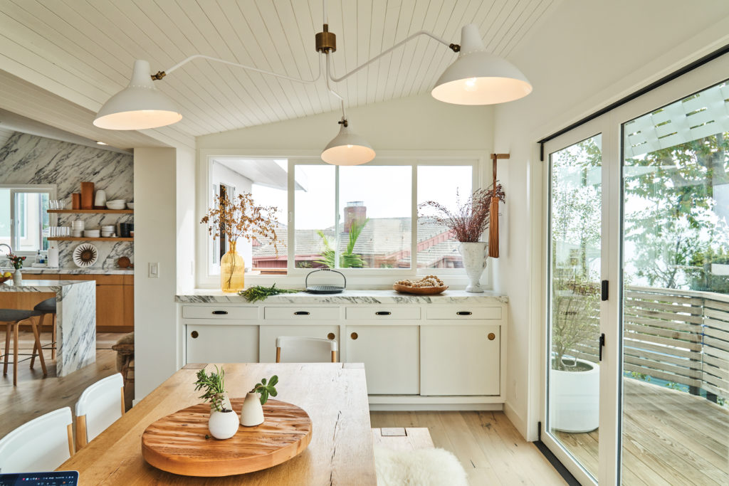 Dining room storage with pendant lights