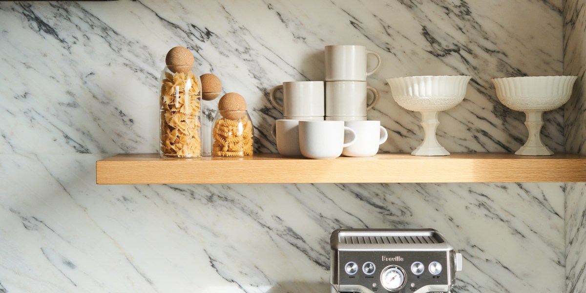 Kitchen open shelves with coffee bar