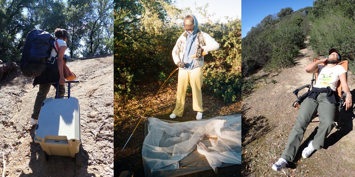 A triptych of images showing assistant editor Magdalena O'Neal lugging a cooler up a dirt trail, fiddling with a tent, and collapsed on a camp chair.