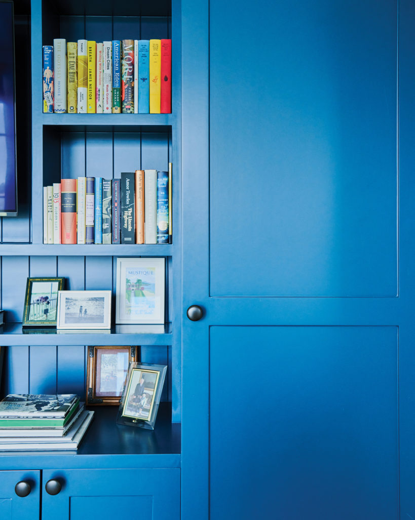 Blue built-in storage in office