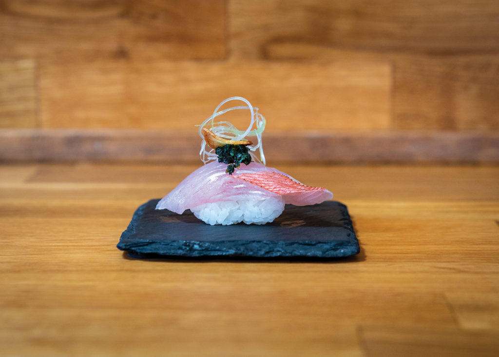 Sushi|Bar - Kinmedai Pickled Shiso - Bone marrow fried garlic with Scallion grass