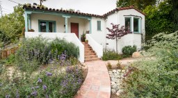 Purple flowers and front walkway in native plant yard