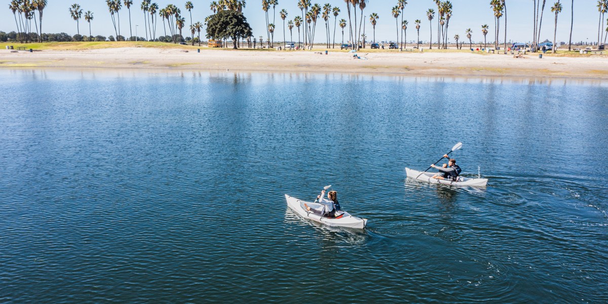 two people in kayaks on smooth water, beach and palm trees in distance