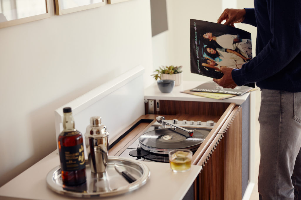 Stay in for cocktails at the Line SF and enjoy the amenities, including record players and curated vinyl