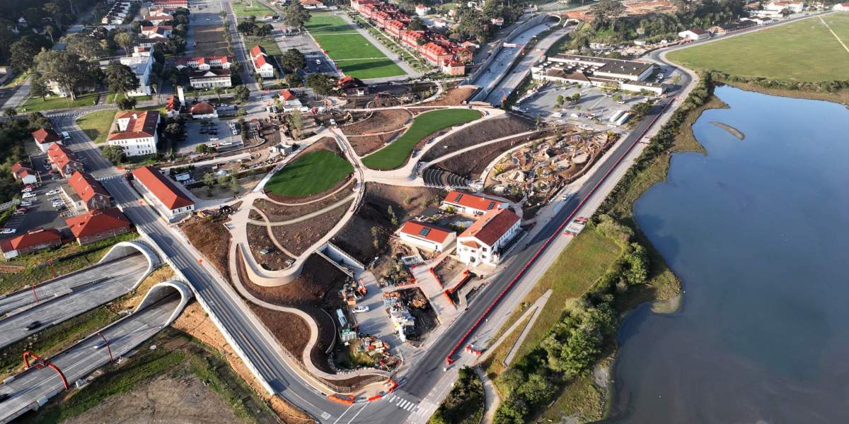 overhead view of highway tunnel covered by parkland