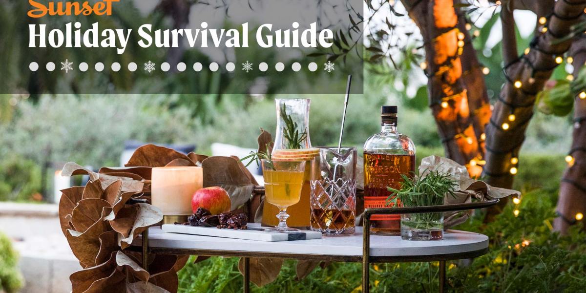 Sunset Holiday Survival Guide logo with holiday bar cart
