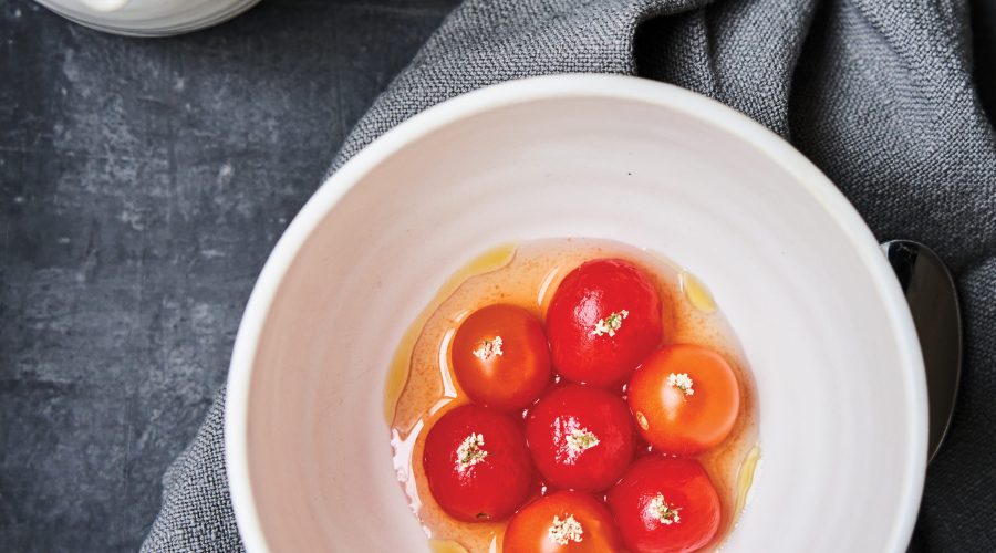 Sungold Tomatoes in Roasted Tomato Vinaigrette recipe from Tomo restaurant in Seattle