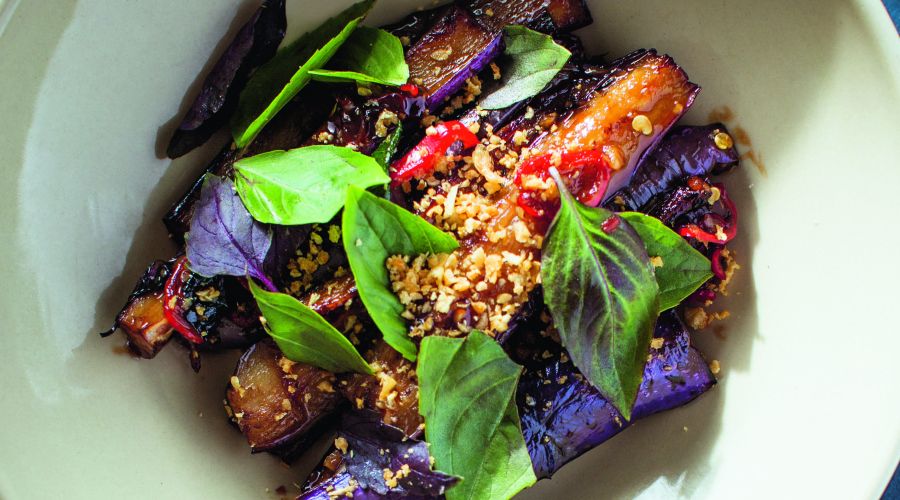 Taiwanese-Style Eggplant from Mister Jiu's in Chinatown, with chilies, garlic, and Thai basil