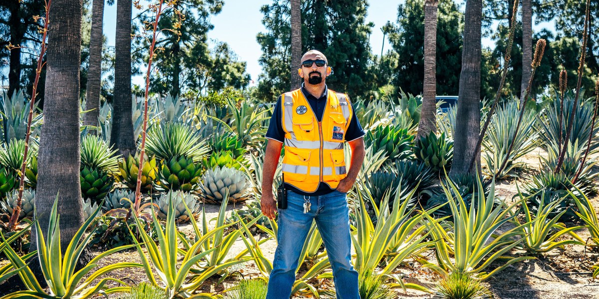 Chaz Perea in field of succulents at Dodgers stadium garden