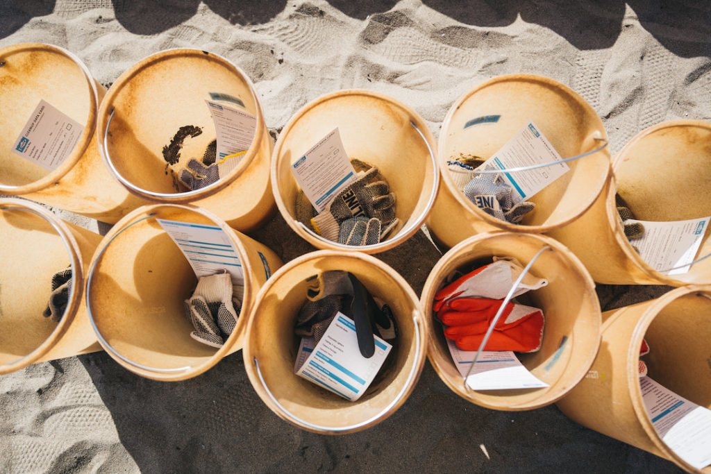 Heal the Bay's compostable buckets for collecting trash during the beach cleanup