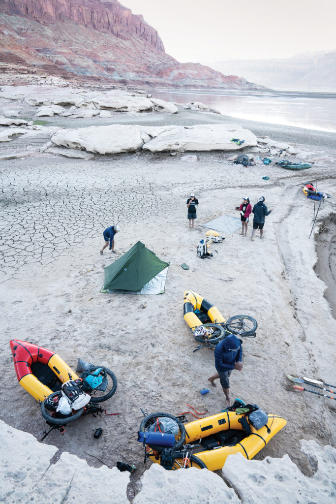 Bikepackers setting up camp