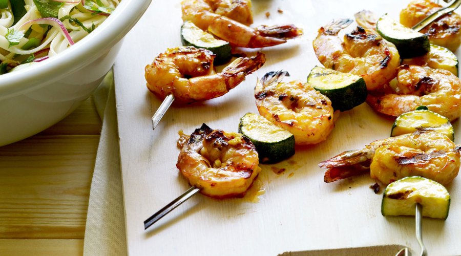Asian Shrimp and Zucchini Skewers with Noodle Salad