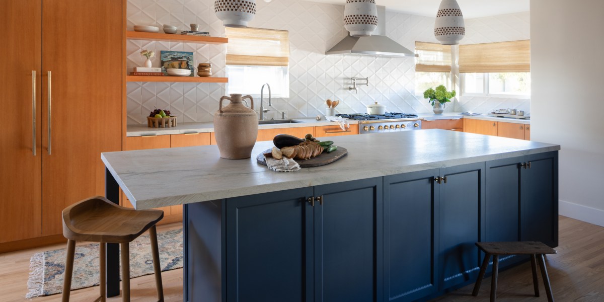 Blue Kitchen Island in San Diego Bungalow by Keri Michelle Interiors