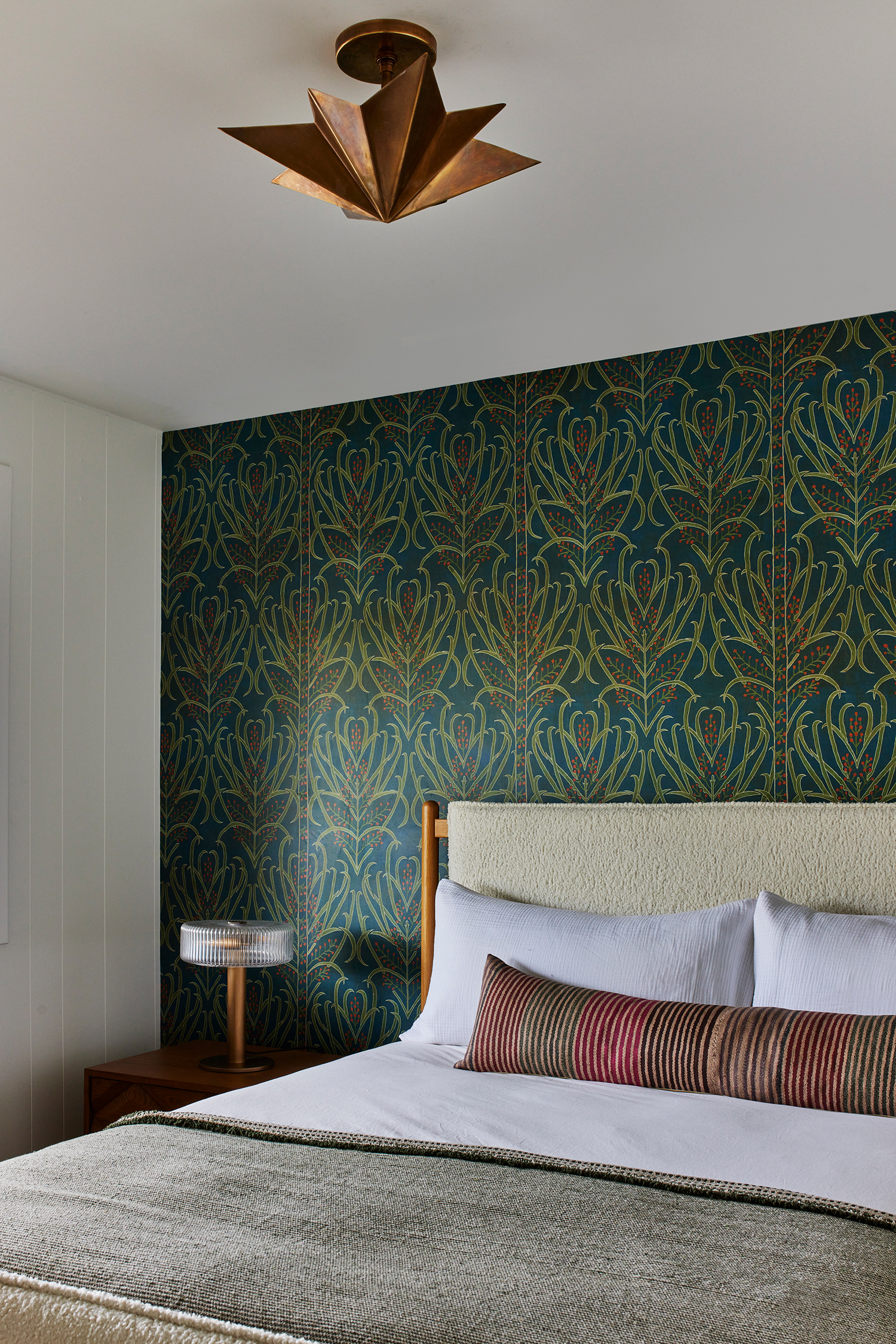 Boucle Bed in Idaho Cabin by Lucas Browning Design