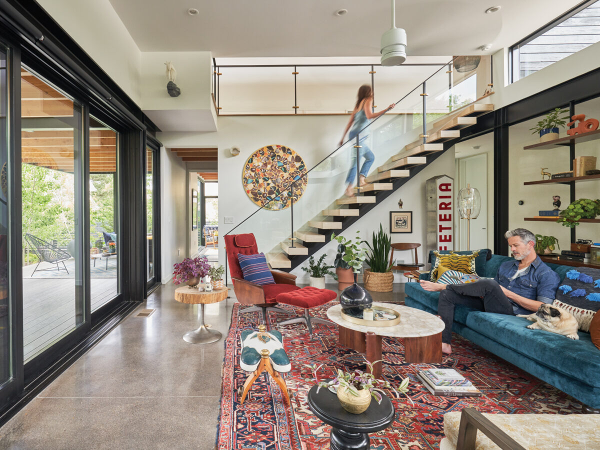 Living Room with Floating Staircase