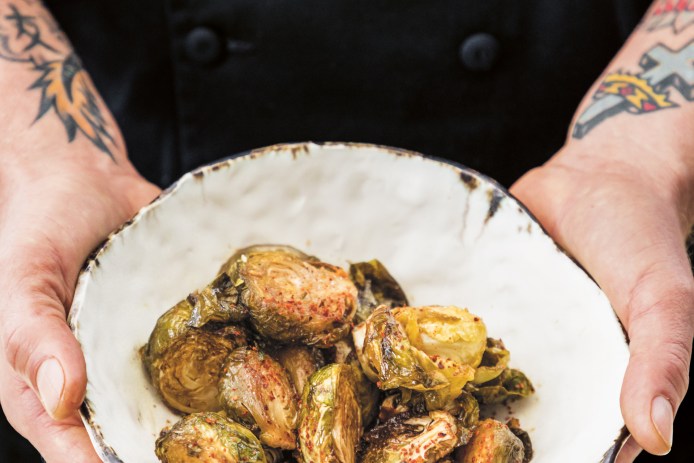brussels sprouts roasted in maple syrup and white miso paste