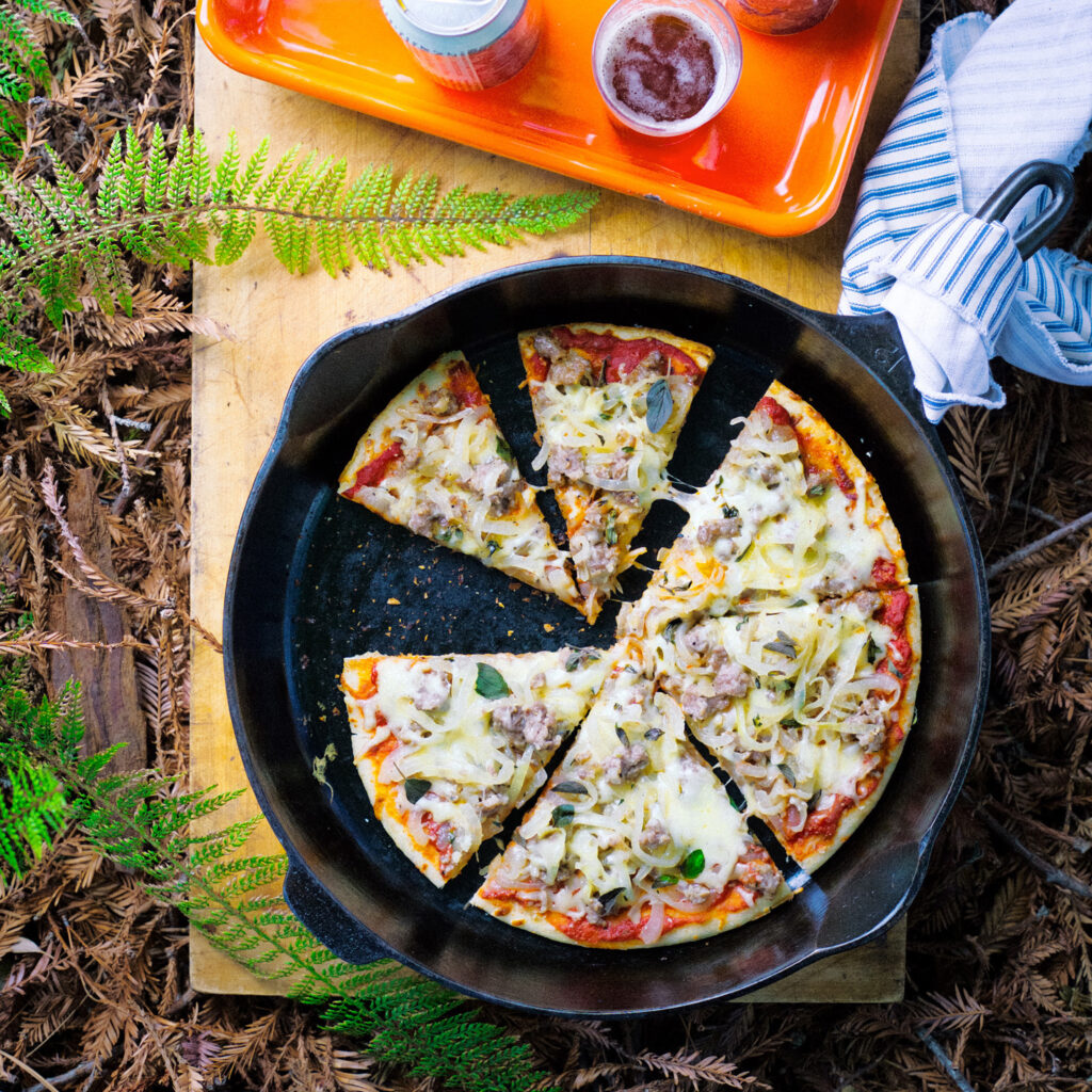Camp Pizza with Caramelized Onions, Sausage, and Fontina