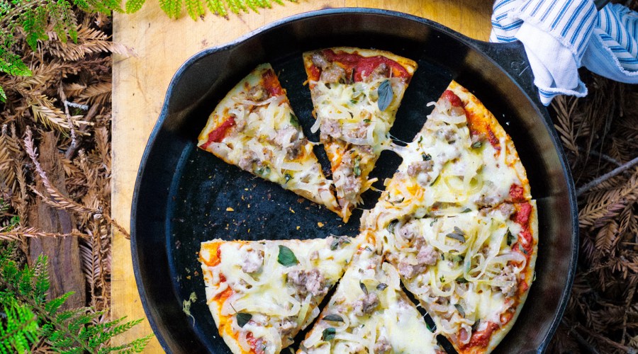 Camp Pizza with Caramelized Onions, Sausage, and Fontina