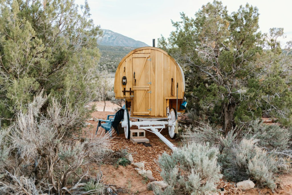 circular wagon style cabin sitting in grove of trees