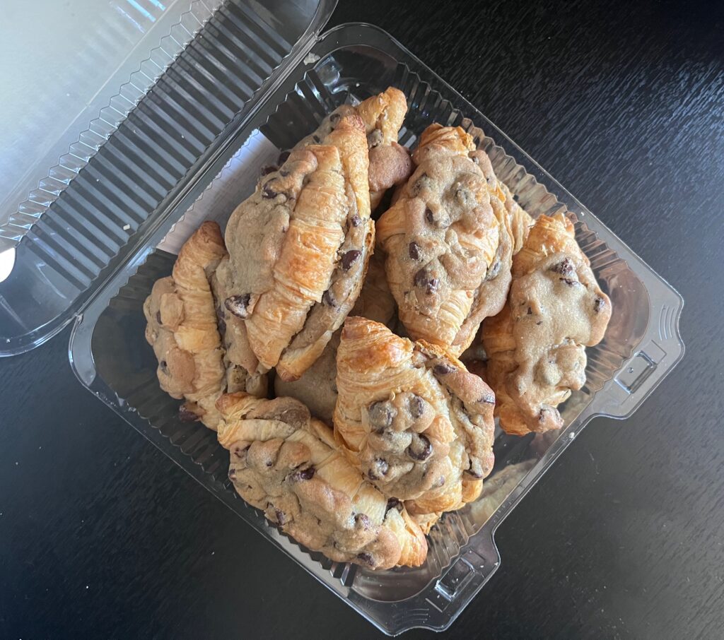 Plastic tub of crookies, a hybrid between croissants and cookies
