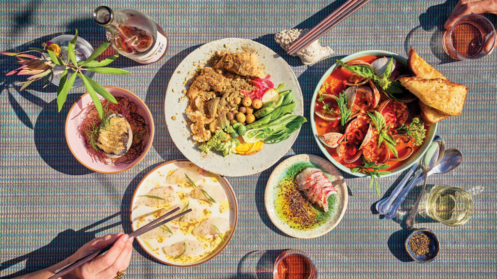 Overhead Shot of Dishes with Wine