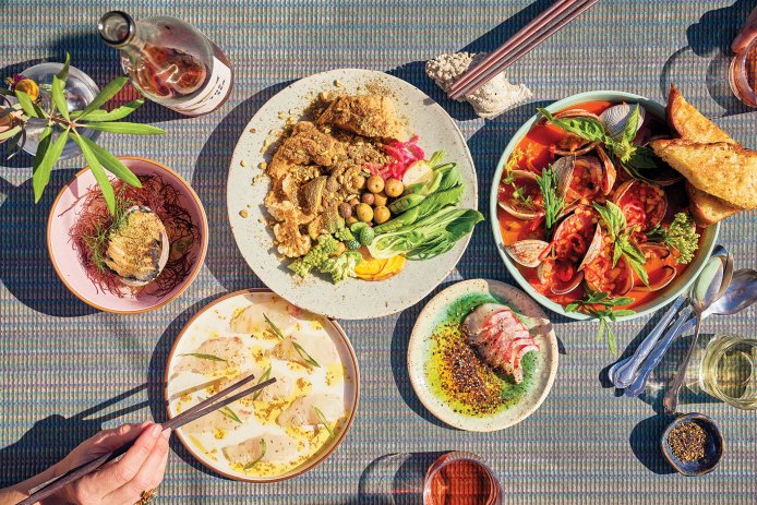 Overhead Shot of Dishes with Wine