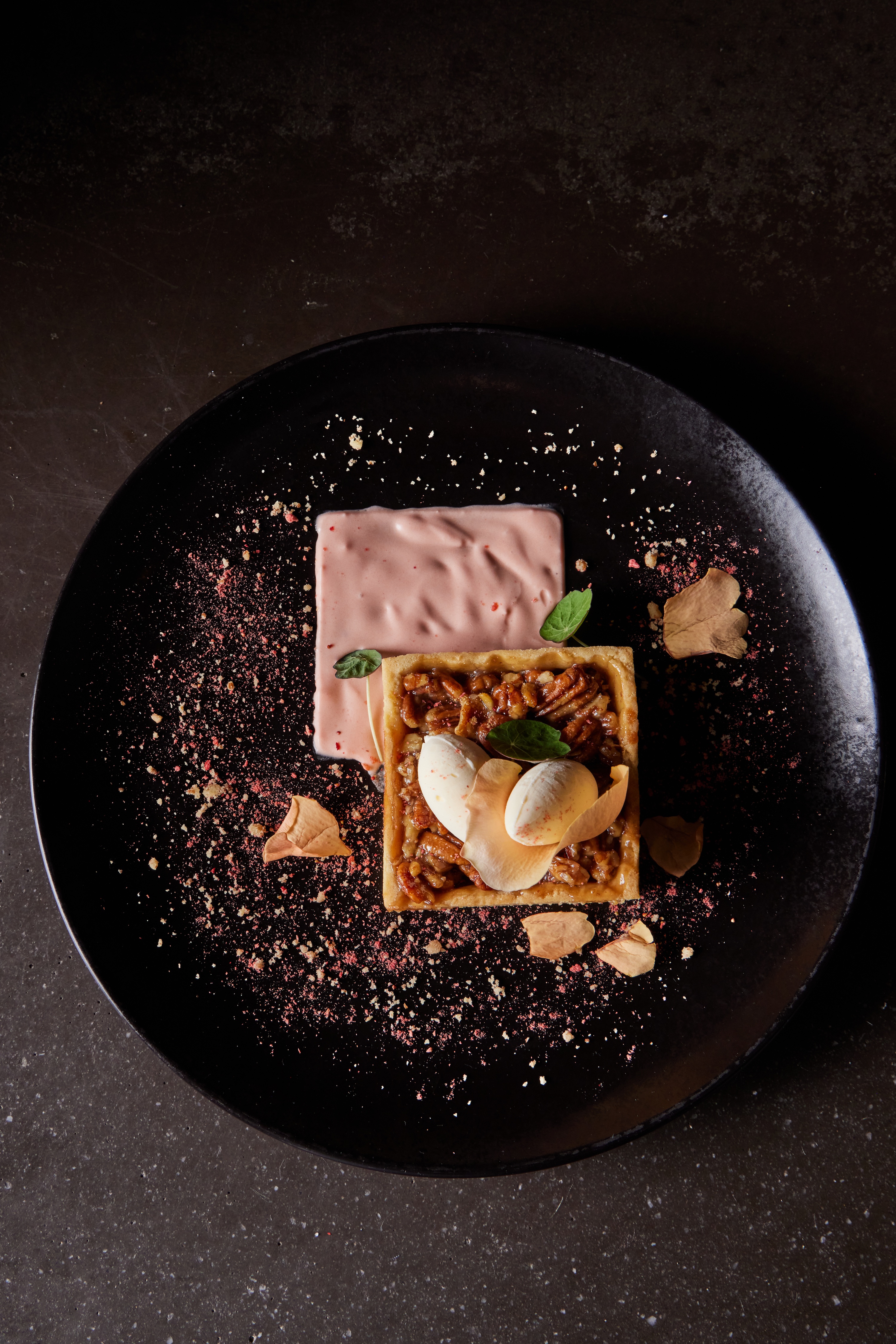 wild-pecan-tart-brillat-savarin-triple-cream-cheese-rosehip-coulis