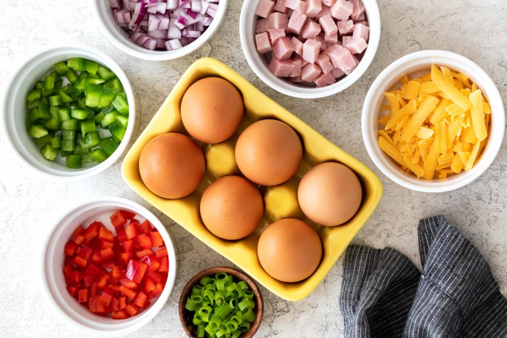 overhead shot of denver omelet ingredients
