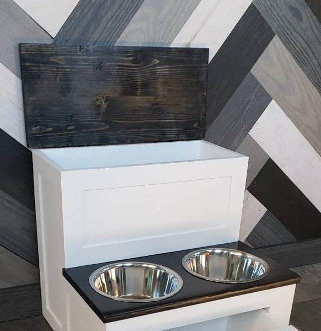 etsy two bowl pet feeder with storage