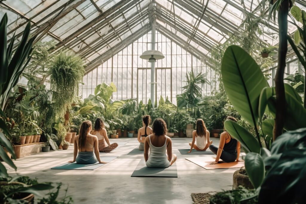 A yoga session in a greenhouse.