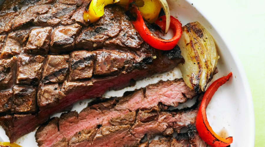 Grilled Flank Steak, Onion, and Peppers