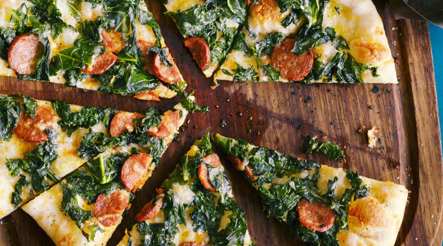 Kale, Chorizo, and Manchego Pizza