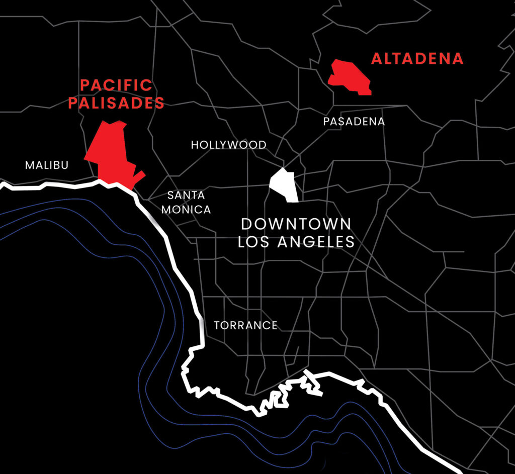 Map of Eaton and Palisades Fires in Los Angeles January 2025