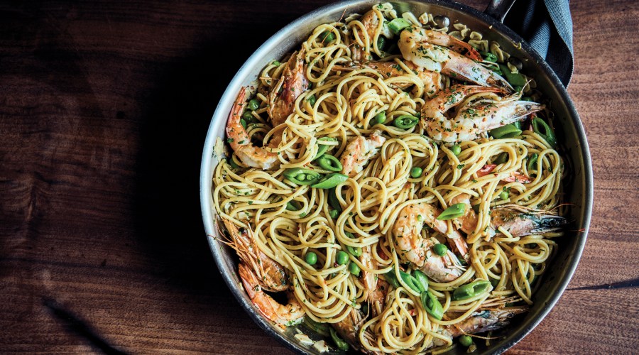 Spaghetti with Spring Peas and Shrimp Scampi