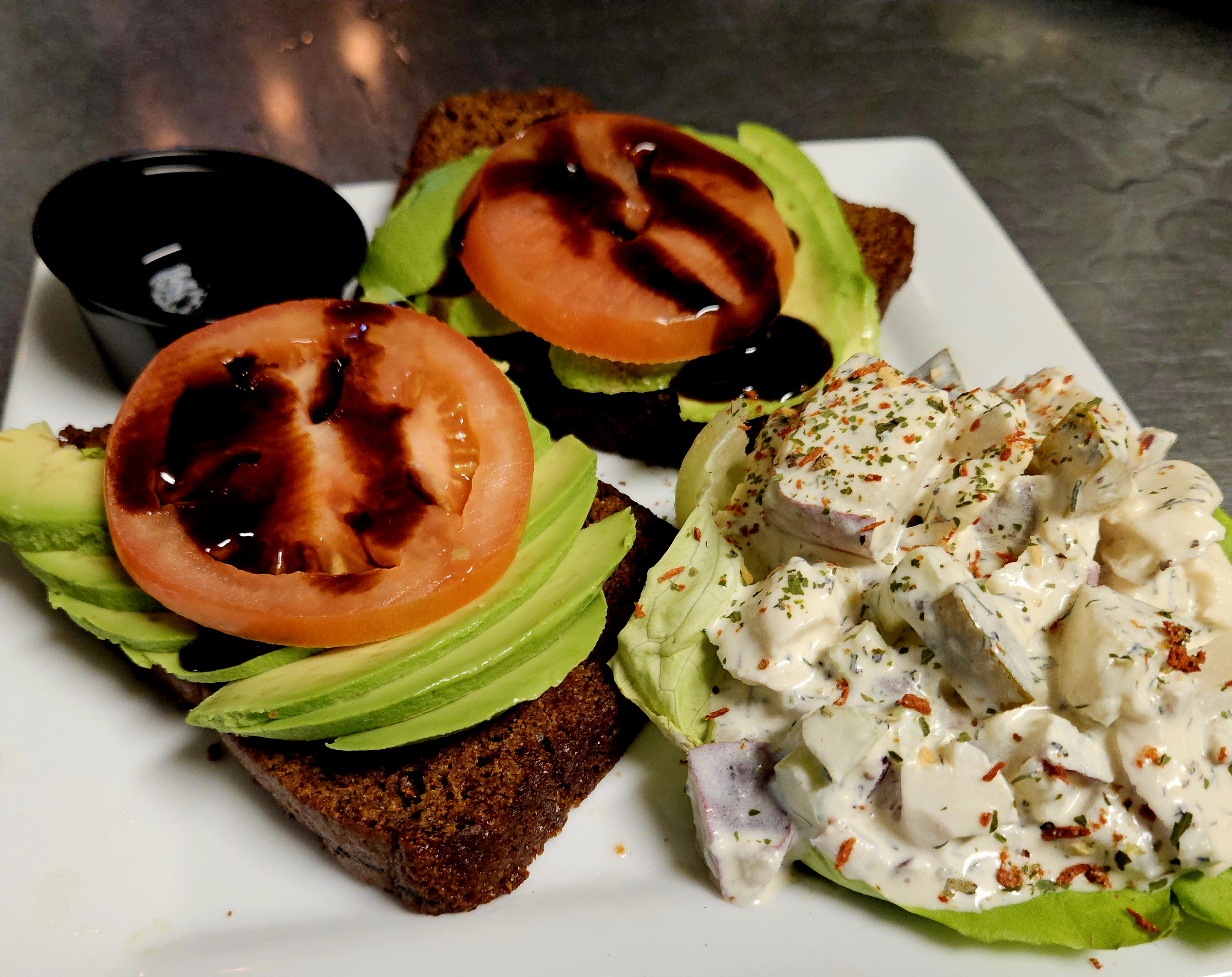 avocado-toast-on-homemade-mollasses-bread-with-barrel-aged-balsamic-and-red-potato-salad