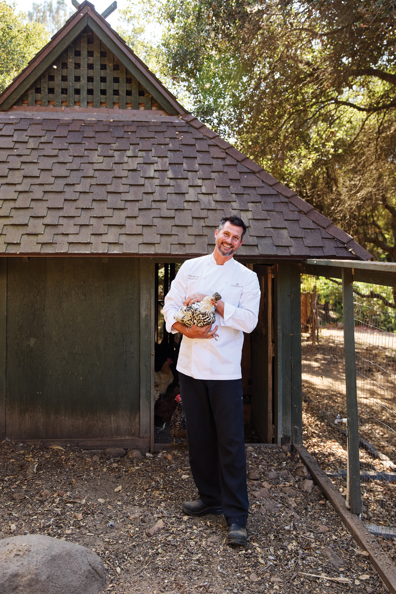 Golden Door Chef Frey with Hen and Chicken Coop