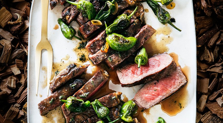 Grilled Rib-Eye Steaks with Blistered Padrón Peppers