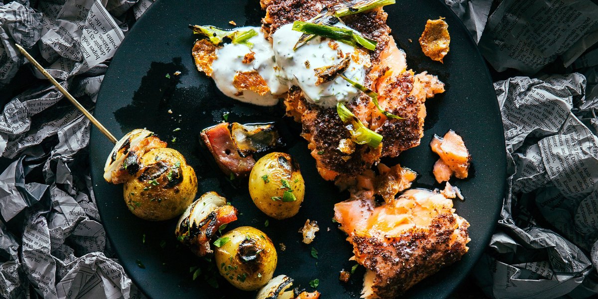 Grilled Salmon with Sumac Oil and Green Onion Yogurt