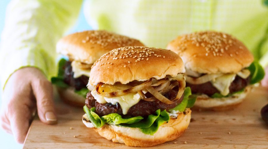 Cherry and Brie Burgers with Rosemary and Grilled Onion