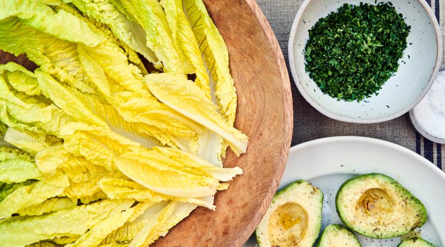 Hearts of Romaine with Avocado Bowls and Garlic Anchovy Vinaigrette