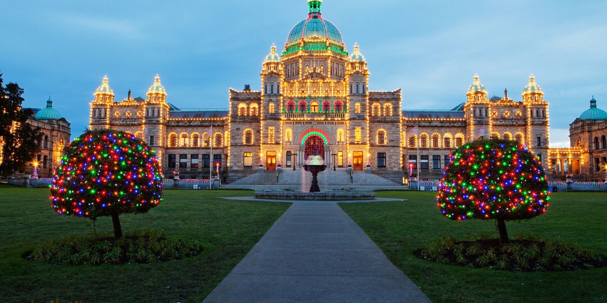 The Parliament building in Victoria, BC, with Christmas lights
